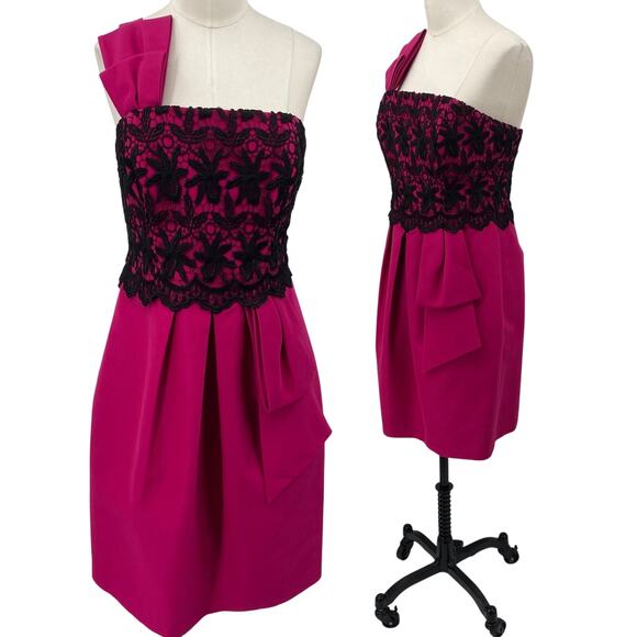 Kay Unger Cocktail Mini Dress Pleated One Shoulder Lace Bodice Hot Pink Black 8 - Picture 1 of 12